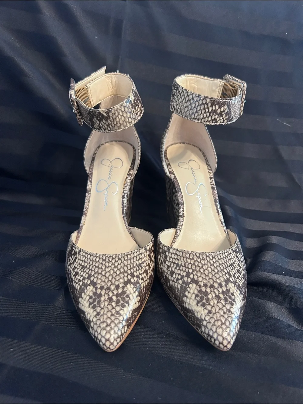 Jessica Simpson Snake-Print Ankle-Strap Wedge Pumps in Brown and Cream. Size 6.5